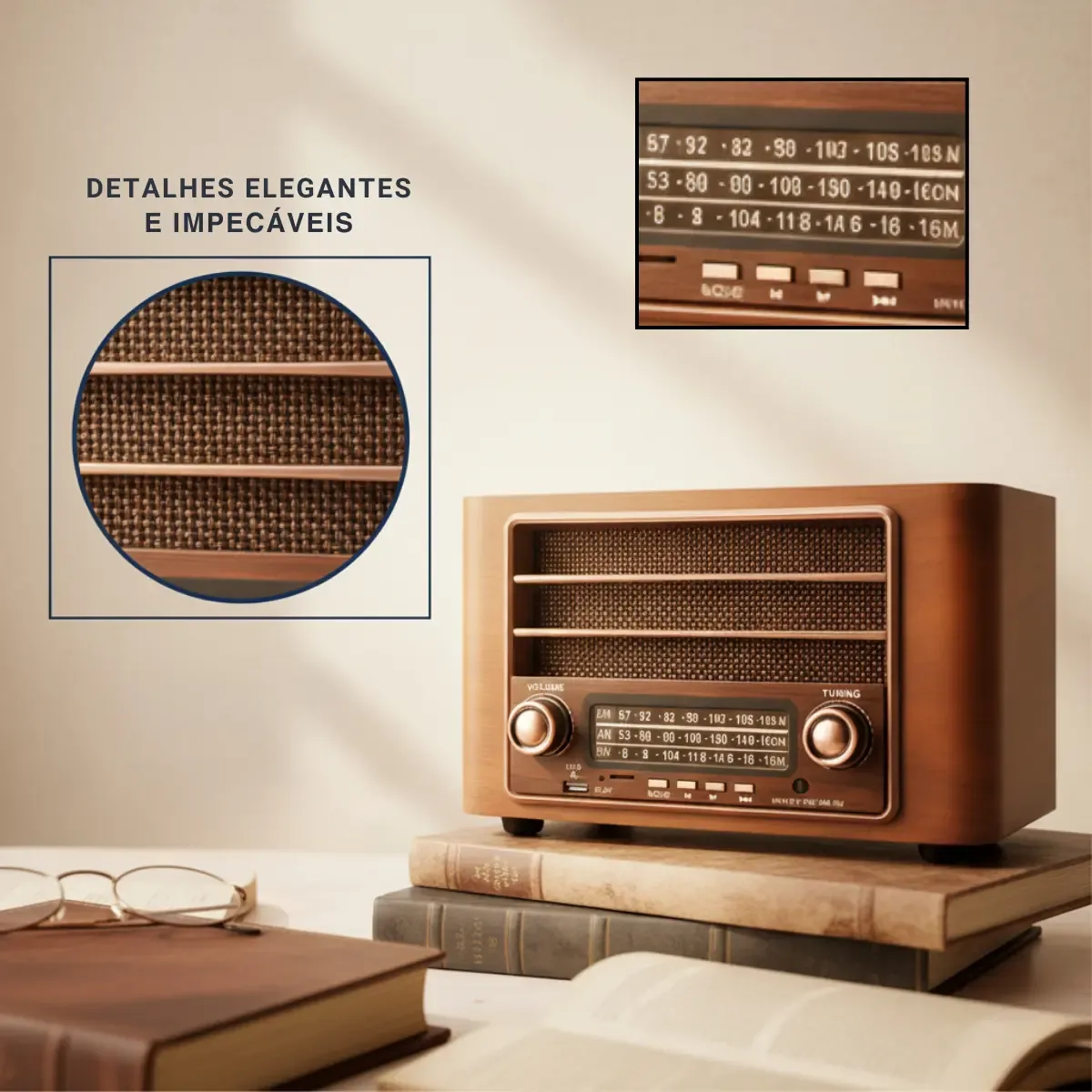 Rádio Retrô com Tecnologia Moderna – Elegância que Encanta, Som que Surpreende!